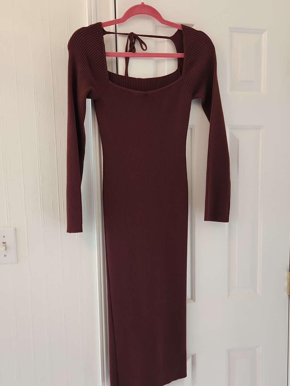 Ribbed Long Sleeve Square Neck Midi Dress - Wine